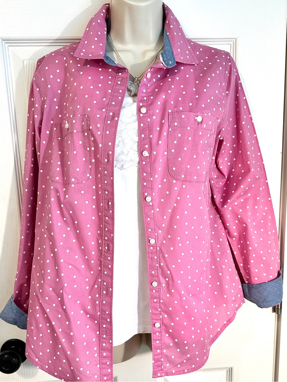 St. John's Bay Pink and White Polka Dot Shirt